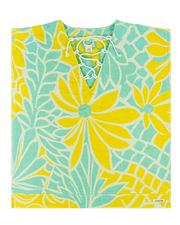 Floral patterned cover up with yellow flowers on a teal background