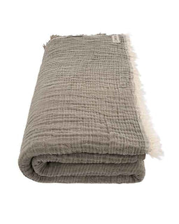 Folded textured blanket with frayed edges on a white background