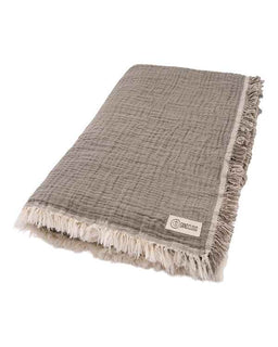Gray textured throw blanket with fringes on a white background