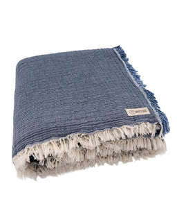 Blue textured blanket with frayed edges on a white background