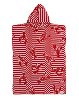Red and white striped poncho with lobster pattern on a white background
