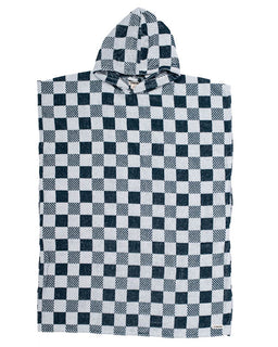 Checkered hooded poncho with black and white pattern on a white background