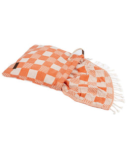 Orange and white checkered towel with fringes on a white background