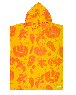 A hooded towel or poncho in bright yellow with an all-over orange Halloween print featuring pumpkins, ghosts, witches, and gingerbread figures, shown flat against a white background.