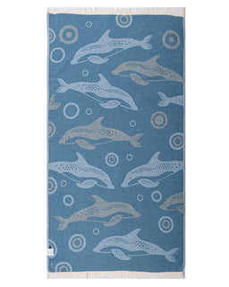 Blue towel with dolphin pattern on a white background