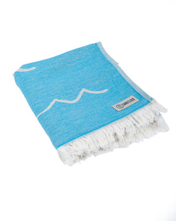 Blue towel with white fringe and logo on a white background