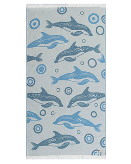 Towel with blue dolphin pattern on a white background