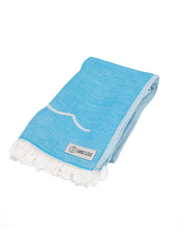 Blue towel with white trim and a brand logo on a white background