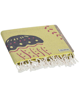 folded view of A lime green beach towel with a marine life design, including jellyfish and sea anemones, with twisted tassels at the bottom.