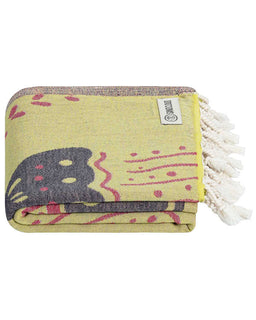Folded view of A lime green beach towel with a marine life design, including jellyfish and sea anemones, with twisted tassels at the bottom.