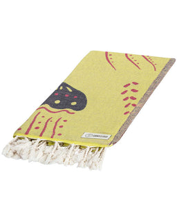A lime green beach towel with a marine life design, including jellyfish and sea anemones, with twisted tassels at the bottom.