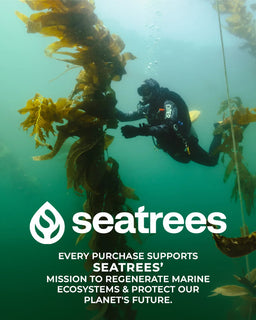Diver interacting with seaweed in an underwater setting, with Seatrees logo and mission text overlay.