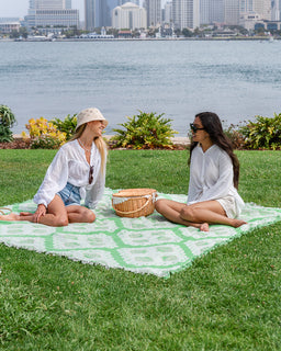 Two women sitting on a green and white patterned blanket on a grassy lawn, with a lake, city skyline, and plants in the background.
