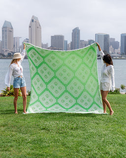 Two women outdoors on a grassy lawn by the water hold up a large square textile with a repeating green geometric trellis pattern on a white background. The San Diego skyline is visible in the background.