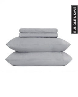 Gray bedding set including a duvet, two pillows, and a comforter on a white background with 'Bundle & Save' text.