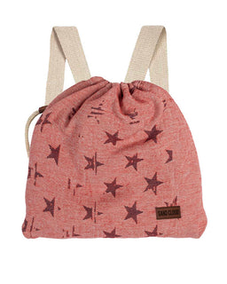 Pink drawstring bag with star patterns and beige straps on a white background
