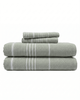 Stack of folded sage towels with white stripes on a white background