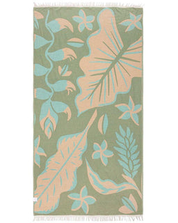 A towel with a tropical leaves design in green, beige, and blue colors, featuring twisted tassels on the edges.