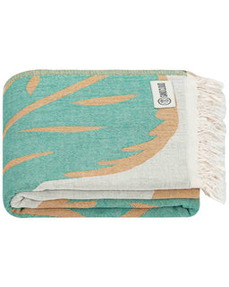 Folded view of beach towel with tropical leaves design on a white background