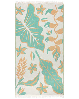 Beach towel with tropical leaves design on a white background