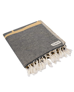 Gray towel with beige border and white tassels on a white background
