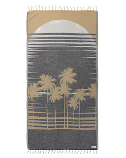 Towel with palm tree design and beige border on a white background
