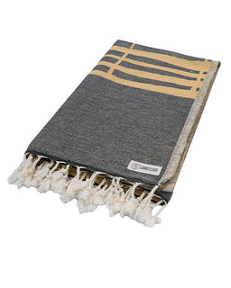 Gray and beige striped towel with tassels on a white background