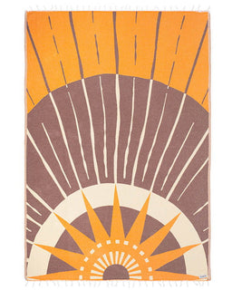 Decorative blanket with sunburst pattern in orange, brown, and beige on a white background