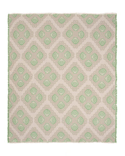 Patterned blanket with green and beige design on a white background