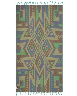 Geometric patterned towel with fringes on a white background