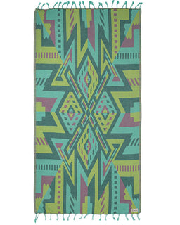 Colorful patterned towel with geometric design on a white background