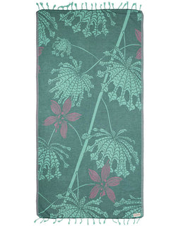 Teal towel with floral pattern on a white background