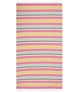 Striped towel with pink, yellow, and gray pattern on a white background