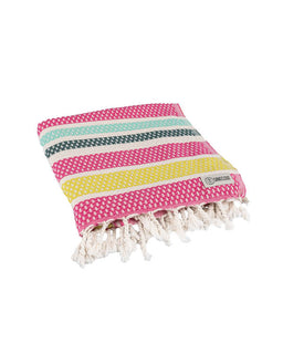 Colorful towel with striped pattern and tassels on a white background