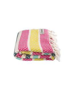Colorful towel with stripes and tassels on a white background