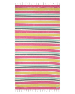 Striped towel with pink, yellow, and blue pattern on a white background