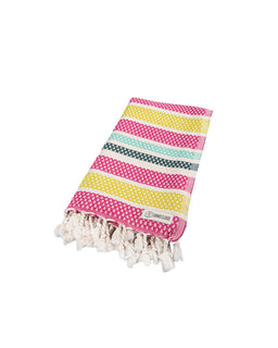 Colorful striped towel with tassels on a white background