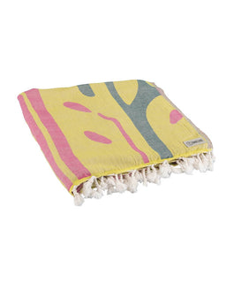 Colorful towel with abstract design and tassels on a white background