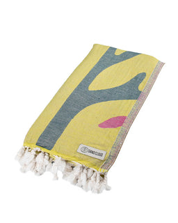 Yellow and gray towel with tassels on a white background