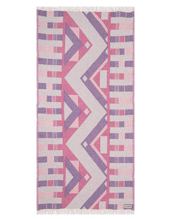 Geometric patterned towel with pink and purple colors on a white background