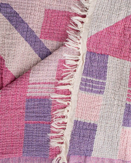 Close-up of a woven fabric with pink and purple geometric pattern