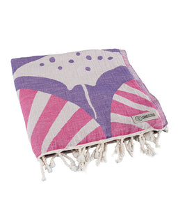 Towel with pink and purple abstract design on a white background