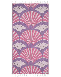 Towel with a pattern of white shapes on a pink and purple background