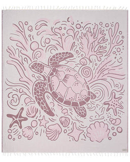 Pink turtle and sea creature pattern towel on a white background