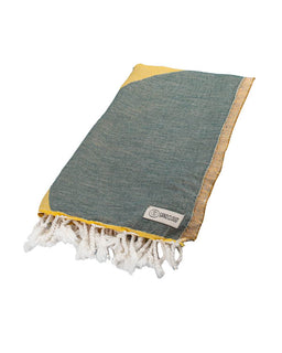 Gray and yellow towel with tassels on a white background