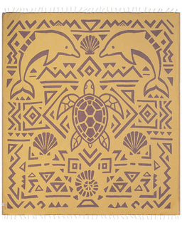 Decorative mat with dolphins, turtle, and geometric patterns on a beige background