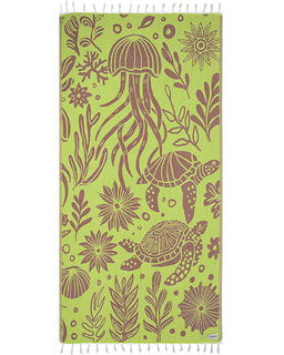 Green towel with brown sea-themed pattern featuring jellyfish and turtles on a white background