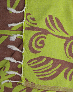 Close-up of a green and brown fabric with leaf patterns