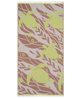 Towel with turtle and fish pattern on a white background
