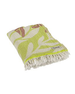 Green and white patterned blanket with fringes on a white background